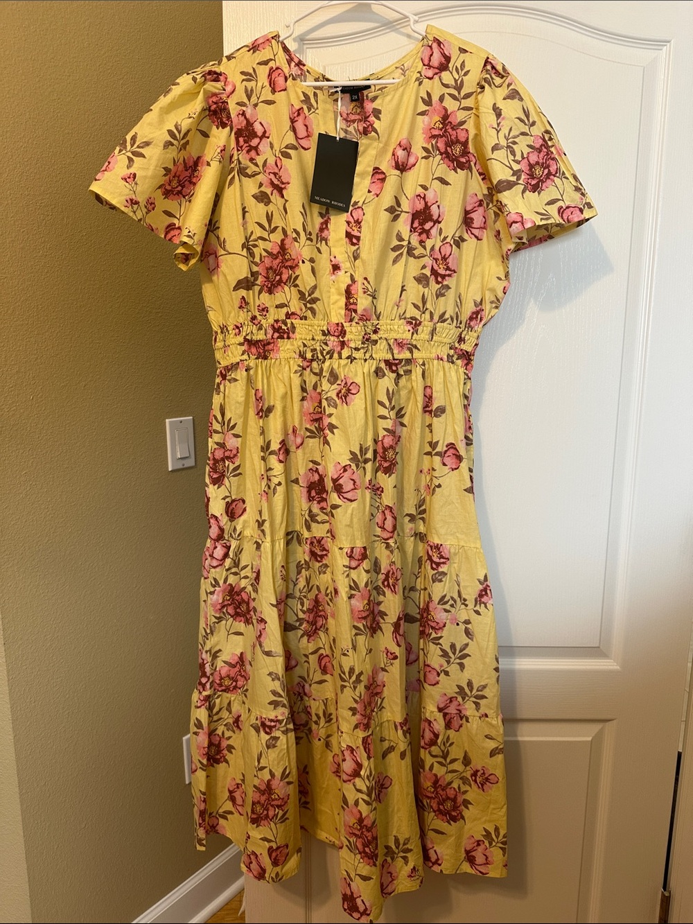 Meadow Rhodes Anthropologie Size 2X NWT Sunny Yellow Midi Dress Pink Floral